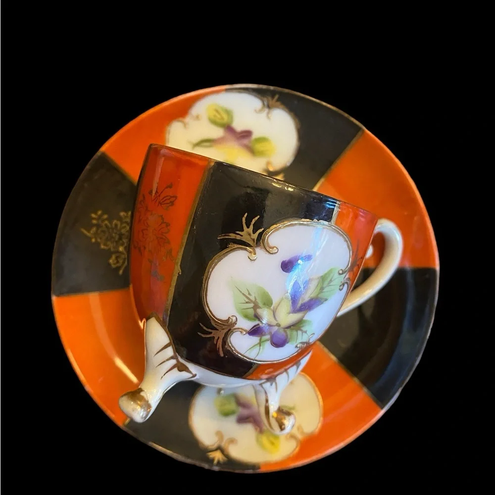 UCAGCO Vintage Footed Demitasse Cup Saucer Set Hand Painted Japan Orange Black